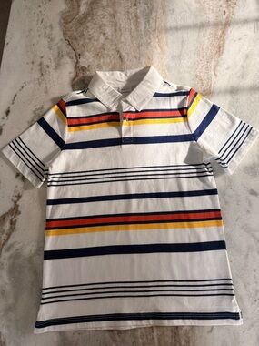 Hanna Andersson White Polo with Navy, Red & Yellow Stripes